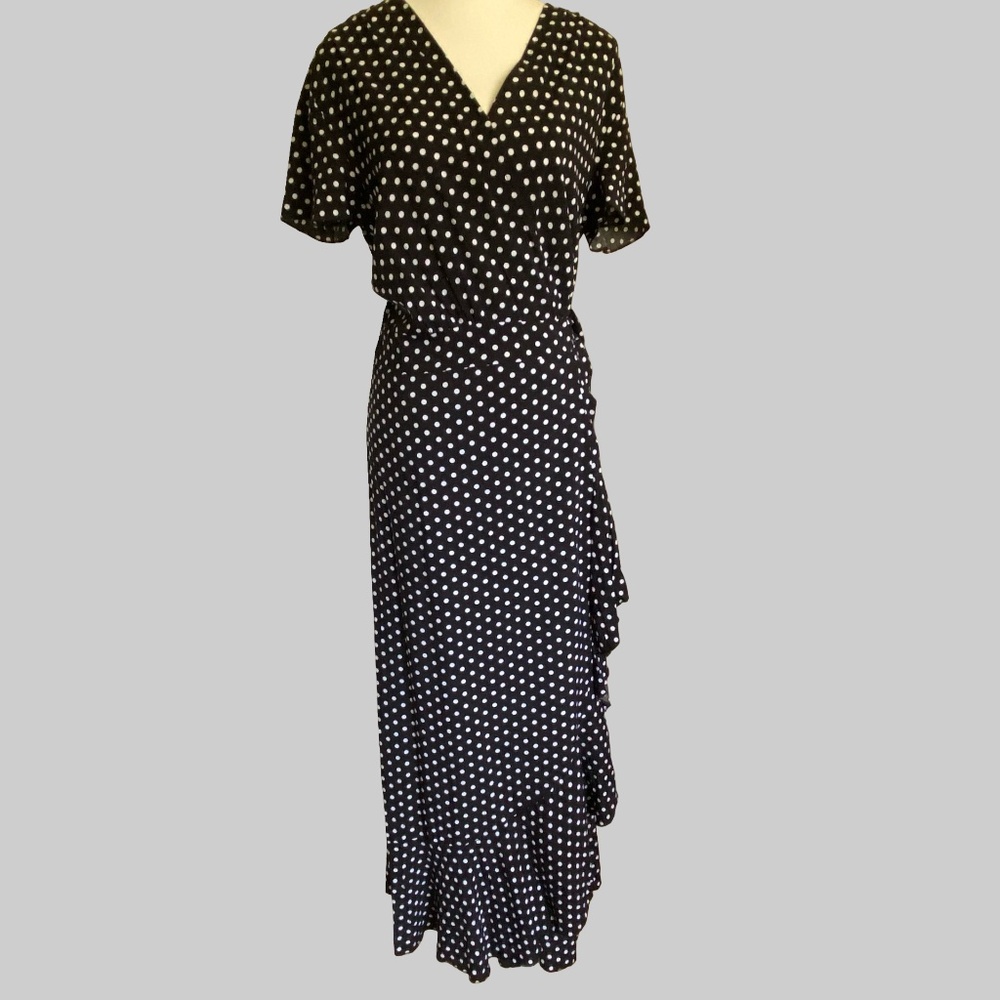 Yacun Black White Polka Dot Short Sleeve Wrap Party Vacation Resort Dress- Sz-L